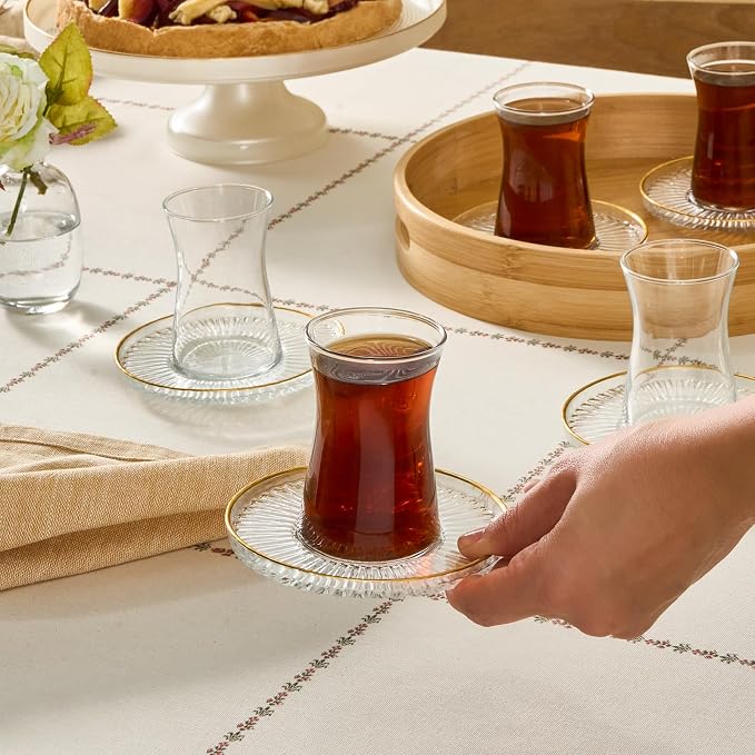 KARACA Nilufer 12-Piece Turkish Tea Glass & Saucer Set, 5.7 oz (170 ml) Gold Trim Clear Glass Tea Service for 6 People, Geometric Pattern Tulip Teacups with Saucers, Hand Wash Recommended