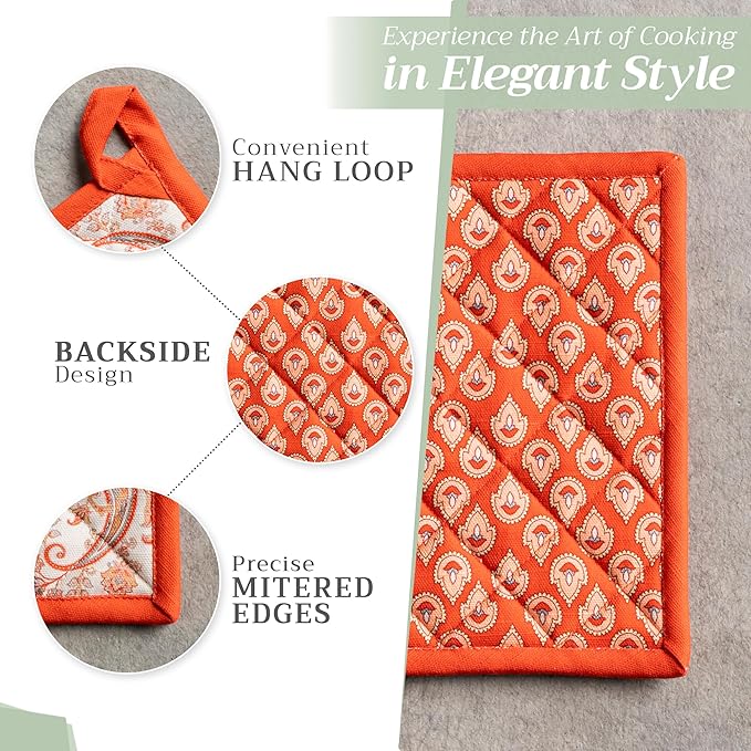 Maison d' Hermine Pot Holders 100% Cotton Heat Resistant Potholders 8" x 8" Hot Pads with Loop for Thanksgiving Christmas Decorations BBQ Cooking Baking Handling Hot Pans (Pack of 1, Cachemire)