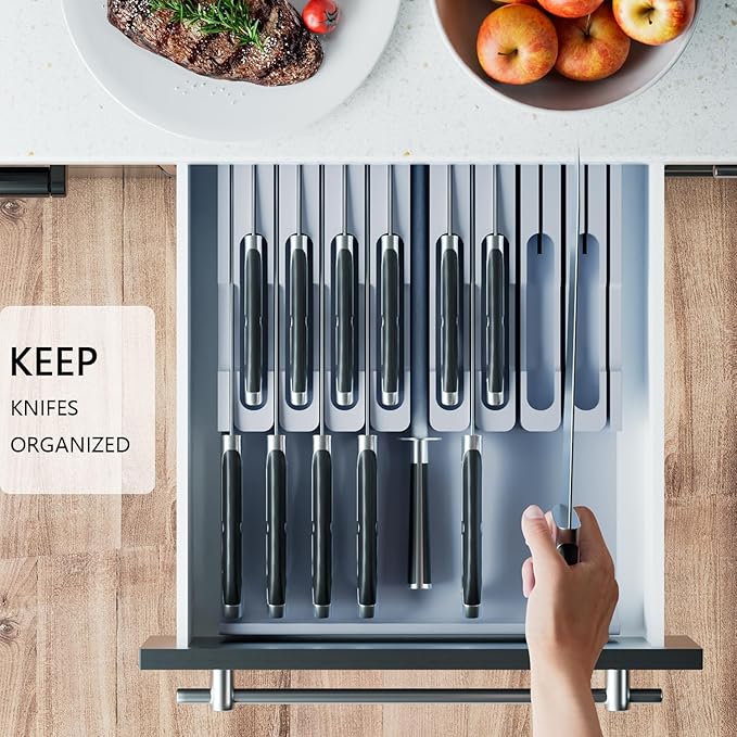 Domax Bamboo In-drawer Knife Block - Kitchen Knife Drawer Organizer Insert, Knife Holder without Knives Large, Drawer Knife Organizer Fits for 16 knives and 1 Sharpening Steel (Not Included), Gray