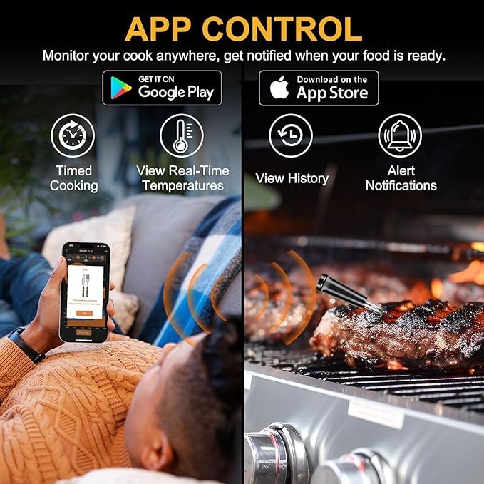 Electric Salt and Pepper Grinder Set USB Rechargeable,Wireless Bluetooth Meat Thermometer with 2 Ultra-Thin Probes,Smart Digital Food Thermometer for Grill Smoker Roast Oven, Cooking Gifts