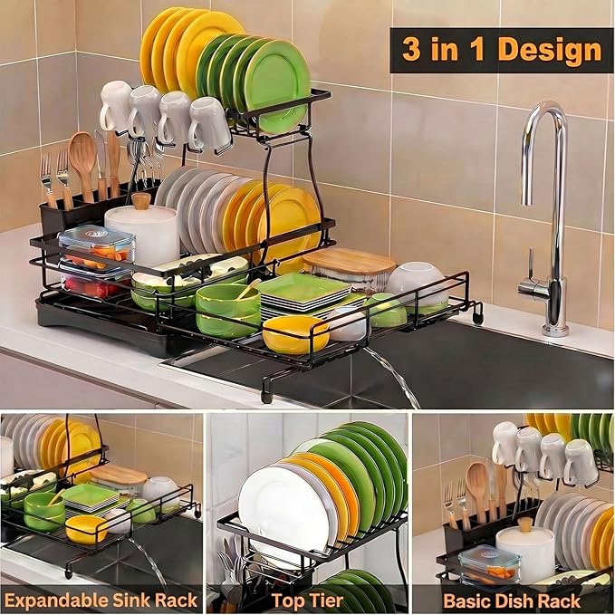 Over The Sink Large 2 Tier Dish Drying Rack Expandable,Dish Drainers for Kitchen Counter,Rustproof Utensils