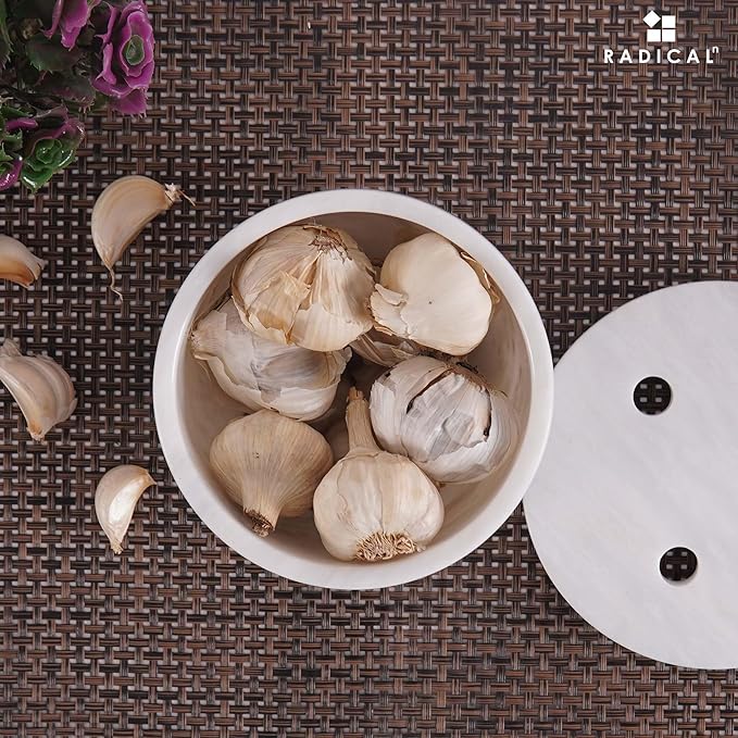 Radicaln Marble Garlic Keeper With Lid 4.5 Inch White Handmade Garlic Storage and Garlics Container For Kitchen, Keep Fresh Garlic Cloves, Ideal Garlic Keeper for Counter