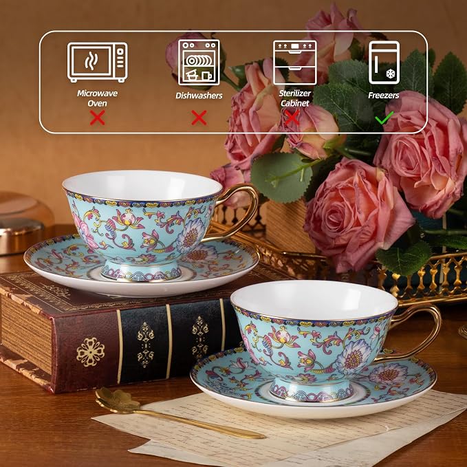KAMMAK Tea Cups and Saucers Set of 2, Porcelain Coffee Cups, Stackable Espresso Mugs, Ceramic Demitasse for Coffee, Cappuccino, Latte, Americano, Tea, Full Bloom Blue