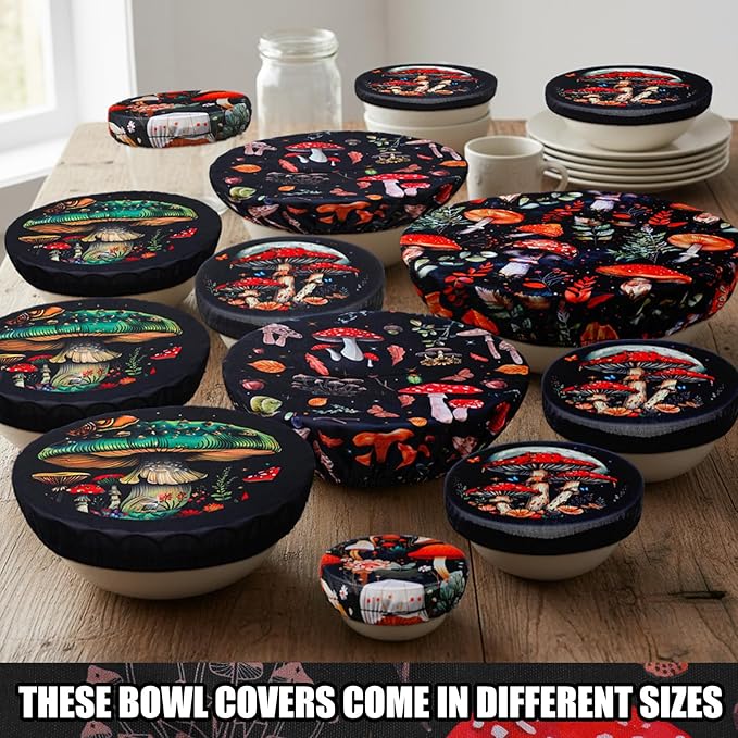 Patelai 10 Pcs Bowl Covers Reusable in 5 Size Stretch Cloth Fabric Elastic Food Storage Bowl Covers Bread Sourdough Lids for Proofing Food Fruits Leftover(Deep Color,Mushroom Style)