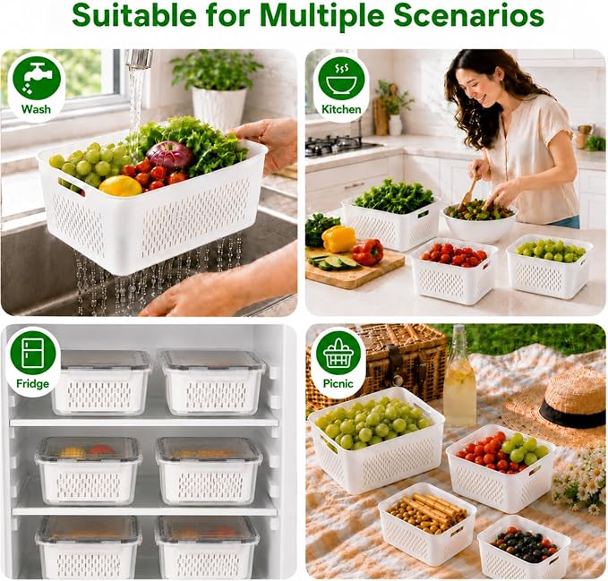 UFORU 4 Pack Fruit Storage Containers for Fridge, Produce Containers with Removable Colander, Airtight Stackable Storage Containers, Reusable Refrigerator Organizer Bins for Berries, Lettuce