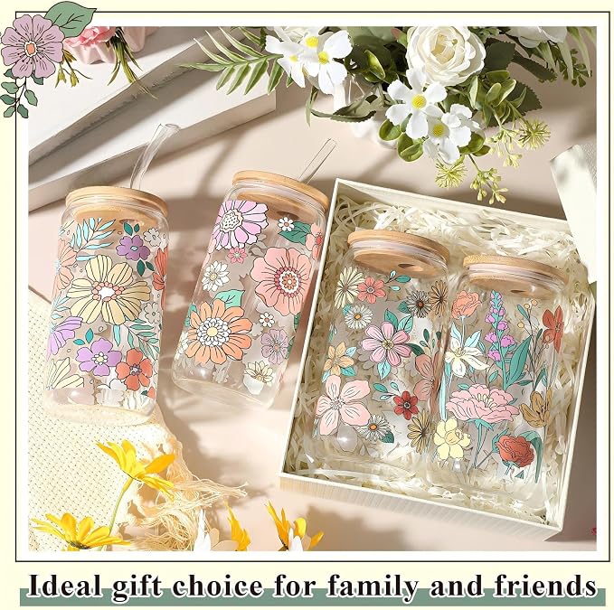 Mumufy 4 Pack Wildflower Glass Cups Gift Aesthetic Cute Glass Cup Tumbler Flower Iced Coffee Mugs 16 oz with Bamboo Lid & Straw, for Wedding Birthday Bridesmaid Mom Baby Shower