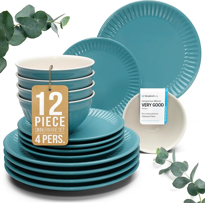 Stoneware Dinnerware Set for 4 People HYGGE 12-Piece - Elegant Scandi Design - Premium Dish Set - Bowl and Plate Set - Tableware for 4 People in a Ribbed Design - Pure Living in Green