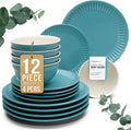 Stoneware Dinnerware Set for 4 People HYGGE 12-Piece - Elegant Scandi Design - Premium Dish Set - Bowl and Plate Set - Tableware for 4 People in a Ribbed Design - Pure Living in Green