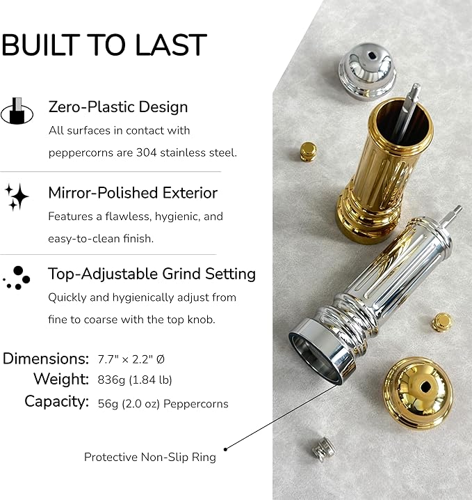 Metal Pepper Grinder with Stainless Steel Core, Heavy Duty High Output Pepper Mill with Adjustable Coarseness, All-Metal Construction, Refillable (Silver)