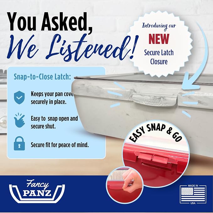 Fancy Panz Marble Premium Aluminum Foil Pan Carrier with Secure Latch Lid & Hot/Cold Gel Pack - Made in USA Reusable Casserole Carrier for Half Size Pans - Food Transport Holder for Entertaining