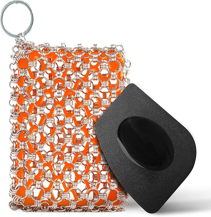 Cast Iron Care Bundle: 316 Stainless Steel 𝐓𝐫𝐢𝐩𝐥𝐞 𝐑𝐢𝐧𝐠 𝐂𝐡𝐚𝐢𝐧𝐦𝐚𝐢𝐥 Scrubber (Orange) & Extra Thick Leather Handle Cover (𝐌𝐚𝐝𝐞 𝐢𝐧 𝐆𝐞𝐨𝐫𝐠𝐢𝐚) – Perfect for Pan