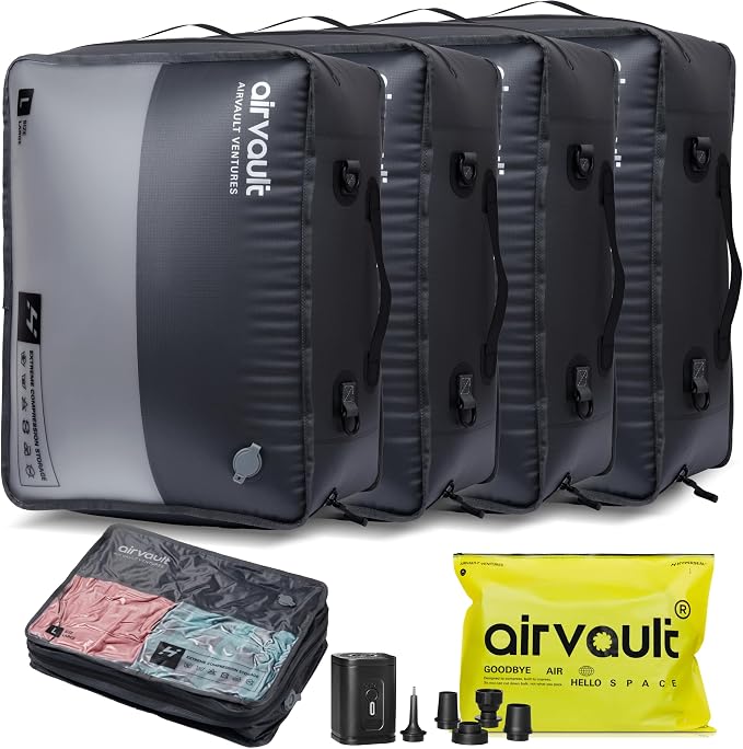 AirVault Reusable Vacuum Compression Travel Bag for Carry-On Suitcase and Backpack, Recycled IPX8 Waterproof Space Saver Vacpack (41L (4-Pack))