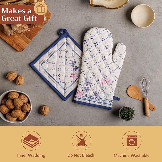 Maison d' Hermine Pot Holders 100% Cotton Heat Resistant Potholders 8" x 8" Hot Pads with Loop BBQ Cooking Baking Gifts for Mothers Day Handling Hot Pans Spring/Summer (Pack of 2, Faience)