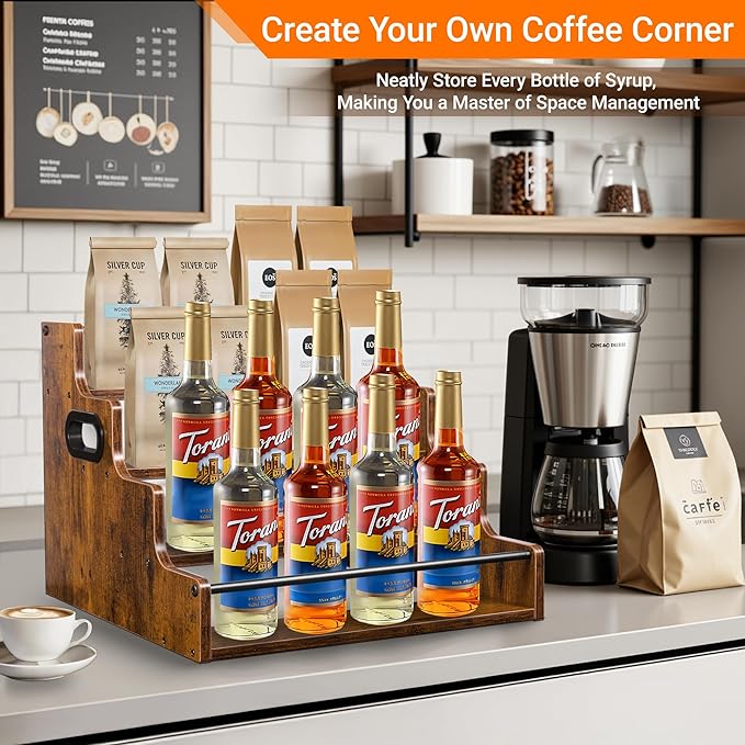 YQBRAO 2 Pack 4-Tier Liquor Bottle Display Shelf, 16-Inch Wooden Bar Shelves for Liquor Bottles, Countertop Whiskey Shelf and Bourbon Shelf Organizer for Home Bar, Kitchen (Rustic Brown)