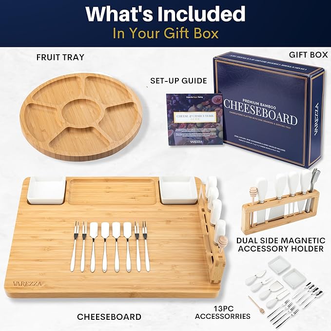 Premium Bamboo Cheese & Charcuterie Board Bundle – Extra Large 16 Inch Round Serving Board + Large Cheese Serving Set with Knife Accessories – Ideal for Entertaining, Gifting & Special Occasions