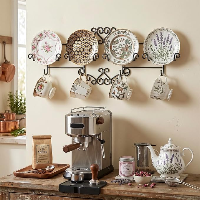 MyGift Vintage Scrollwork Black Metal Wire Tea Coffee Cup and Saucer Set Rack, Wall Mounted Decorative Display Shelf Holds Up to 4 Collectible Plates & Mugs