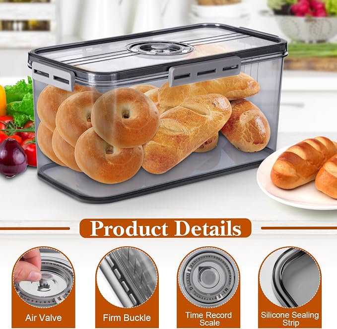 ANYPROLUS Bread Box for Homemade Bread Boxes for Kitchen Counter Airtight, Time Recording Bread Storage Container with Lid, Bread Containers Storage Airtight Loaf Bread Keeper, Dark Grey