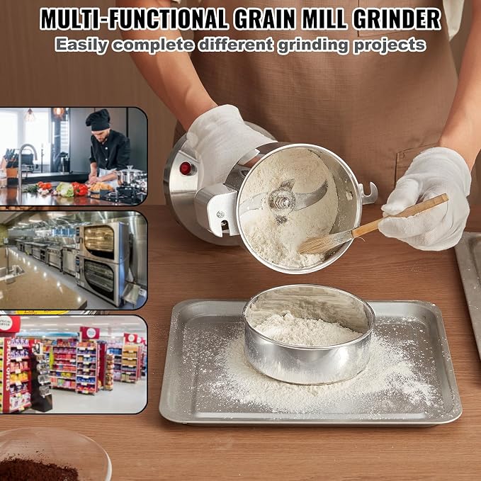 VEVOR 750g Electric Grain Mill Grinder, High Speed 2000W Commercial Spice Grinders, Stainless Steel Pulverizer Powder Machine, for Dry Grains Spices Cereals Coffee Corn Pepper, Straight Type