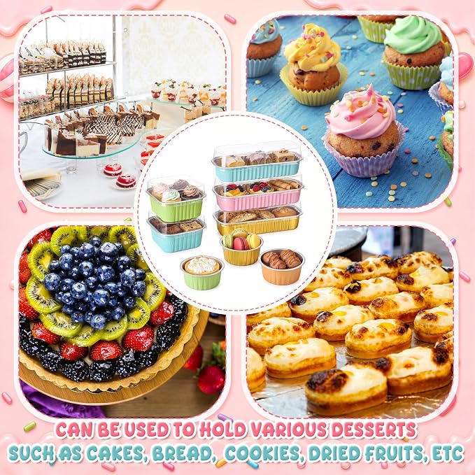 Blushtier 120 Set/240 Pcs Mini Loaf Pans with Lids and Spoons Disposable Mini Cake Pans, 6.8, 5, 4.2 oz Square Rectangle Round Aluminum Foil Cupcake Baking Cups Dessert Liners Tins for Desserts