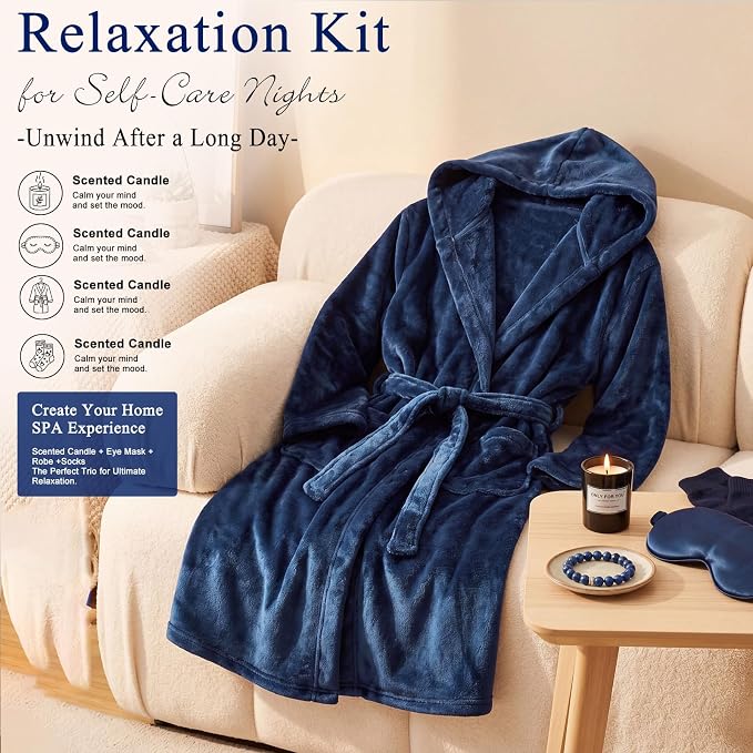 Nuogo 15 Pcs Birthday Gifts for Men Beard Care Set for Him Dad Birthday Gifts Basket Ideas Kit for Men Tumbler Bath Robe for Father's Day Dad Husband Boyfriend Box(Hooded,Navy)