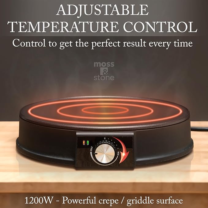 Moss & Stone 12” Electric Griddle Pan & Crepe Machine, Non-Stick Electric Crepe Maker with Adjustable Temperature, Includes Spreader & Spatula – Ideal for Pancakes, Blintzes & Tortillas