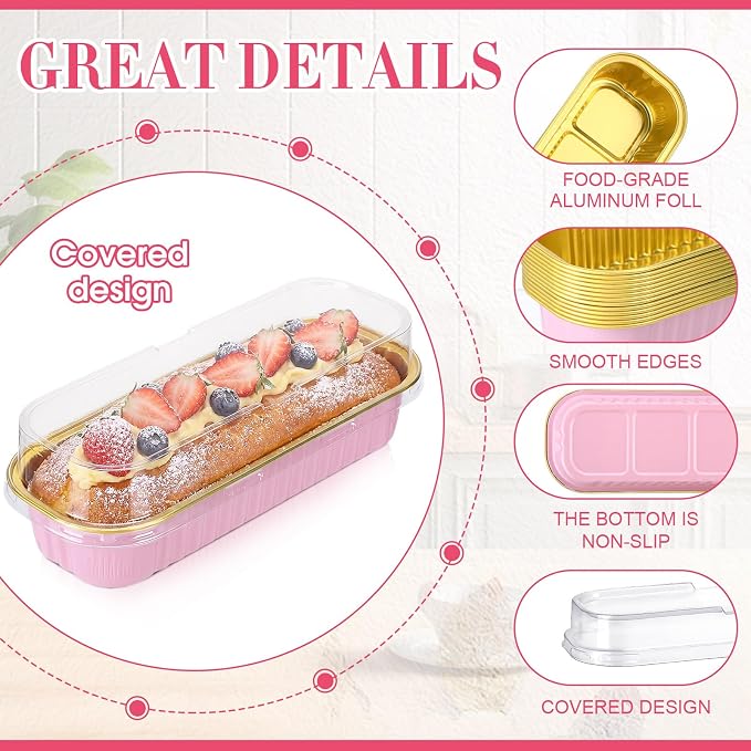 Qunclay 200 Pcs Aluminum Foil Mini Loaf Pans with Lids 6.8 oz Disposable Mini Cake Pan with Lid Rectangle Baking Cups for Party Muffin Cheesecake Ramekins(Pink, Gold)