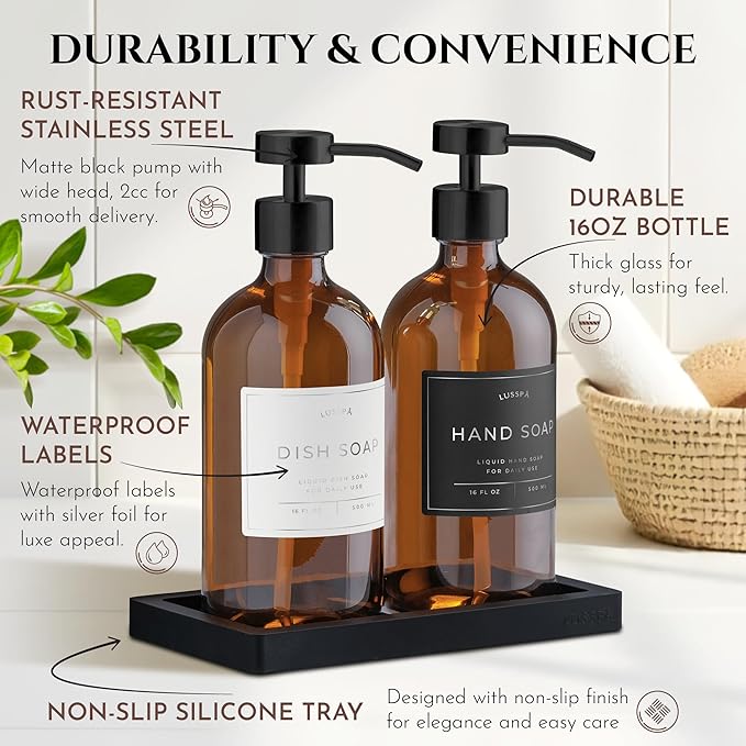 Glass Soap Dispenser Set of 2 (Amber) with Silicone Tray | Hand and Dish Soap Dispenser for Kitchen and Bathroom | 16.8 Oz Glass Bottles with Stainless Steel Pump & 15 Waterproof Labels (Amber/Black)