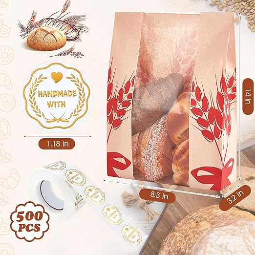 Gueevin 200 Pcs Kraft Paper Bread Bag for Homemade Bread Large Sourdough Loaf Bag with Clear Window Bakery Food Package Storage with 500 Pcs Sticker for Popcorn Cookies, 14x8.3x3.2''