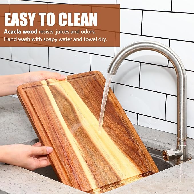 Roshtia 6 Pieces Acacia Wood Cutting Board 14" x 10" Kitchen Wooden Chopping Board Reversible Charcuterie Serving Tray Butcher Block Cutting Tray for Meat Cheese Vegetables Fruit(Fresh)