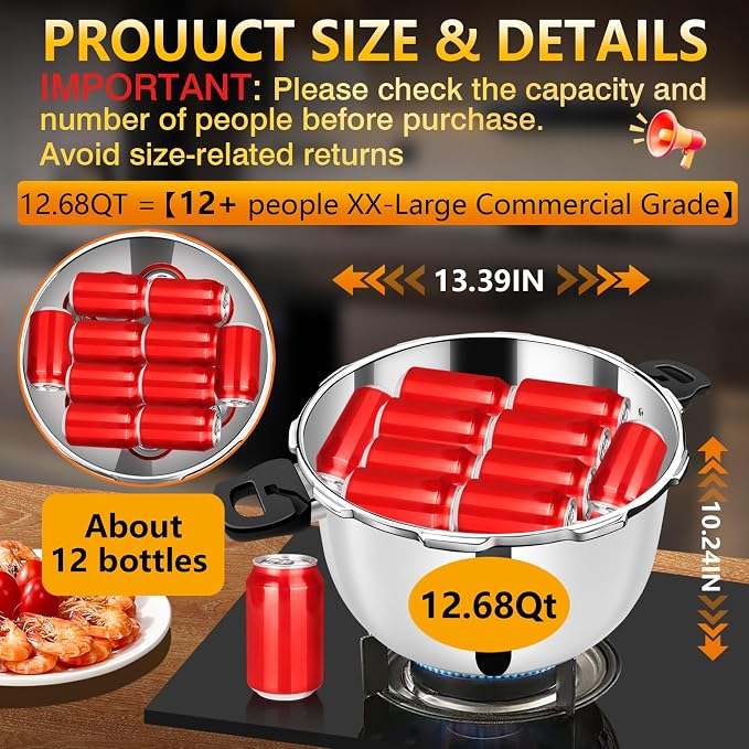 12.68QT Stainless Steel Pressure Cooker, Heavy Duty Food Grade Pressure Canner with Safety Valve & Heat-Resistant Handle, Compatible with All Stovetops for Home Cooking & Canning