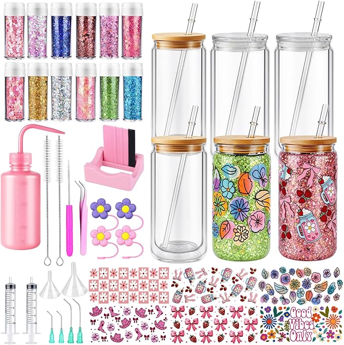 4 Pack Snowglobe Tumbler Supplies Kit - 16oz Pre-Drilled Clear Acrylic Cups with Lid and Straw, Includes Silicone Cup Cradle, Chunky Glitters, Funnel & Bubble Removal Tool - Birthday Gifts for Women