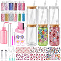 4 Pack Snowglobe Tumbler Supplies Kit - 16oz Pre-Drilled Clear Acrylic Cups with Lid and Straw, Includes Silicone Cup Cradle, Chunky Glitters, Funnel & Bubble Removal Tool - Birthday Gifts for Women