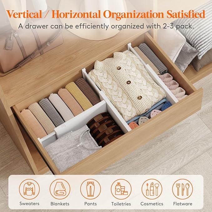 Lifewit 9 Pack 6" High Drawer Dividers 34-56cm/13.5-22" Adjustable Drawer Organizer for Clothes/Utensils, Expandable Drawer Separator in Dresser/Kitchen/Bedroom/Office Organization & Storage White