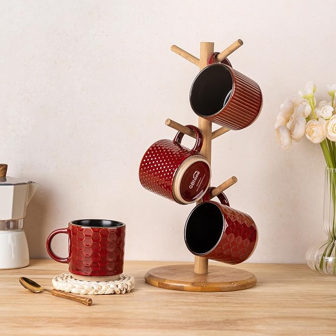 GBhome 6 OZ Stackable Coffee Mugs, Ceramic Coffee Mugs with Texture Patterns for Man,Woman,Dad,Mom, Modern Coffee Cups Set of 4 for Espresso/Cappuccino/Cocoa. Dishwasher&Microwave Safe,Red