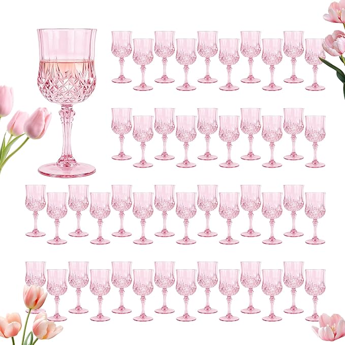 Plastic Wine Glasses, Plastic Goblets Vintage Style Cordial Unbreakable Drinking Glasses， Reusable Drinkware for Wedding Reception, Grand Event Party Supplies (48, Pink)