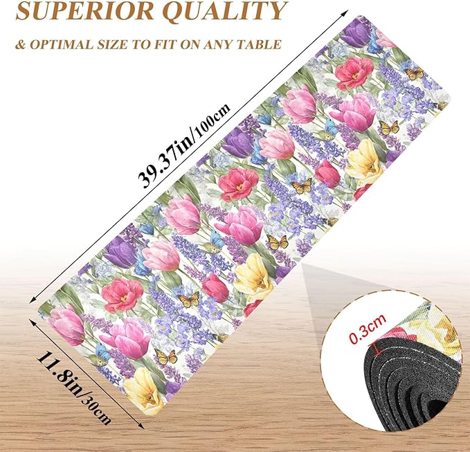 2 in 1 Table Runner Trivet for Hot Pots and Pans Heat Resistant Non Slip Waterproof 39 x 12 Inch Decorative Table Protector for Kitchen Countertop Tulips Lavenders Purple Butterfly