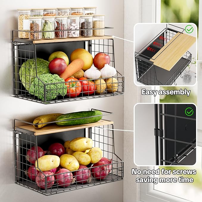 TIDIIABODE Magnetic Shelf for Fridge, Large Container Magnetic Spice Rack for Refrigerator, Fruit Potato and Onion Storage Bins, Magnetic Basket with Wood Lid, Kitchen Counter, Cabinet