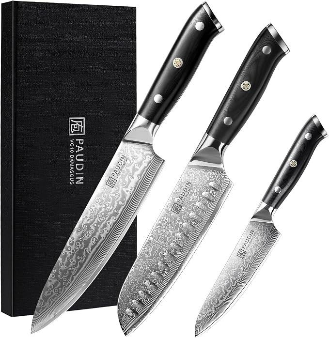 PAUDIN Damascus Knife Set 3 PCS, Japanese VG10 Steel Core, Ultra Sharp Chef Knife Set, Full Tang G10 Handle, Damascus Kitchen Knives