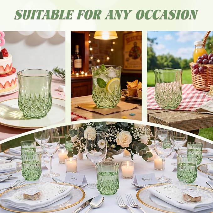 40 Pack Plastic Stemless Wine Glasses,12oz Unbreakable Vintage Elegant Drinking Glass Set,Reusable Fancy Cocktail Cups for Party, Wedding, and Bulk Events (40, 12oz-Sage Green)