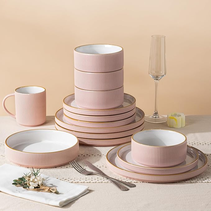GBHOME Stoneware Dinnerware Sets for 4, 12 Pieces Lightweight Ceramic Ribbed Plates and Bowls Set, Reactive Glaze Stackable Plate Sets, Scratch Resistant Dishes, Microwave & Dishwasher Safe,Pink