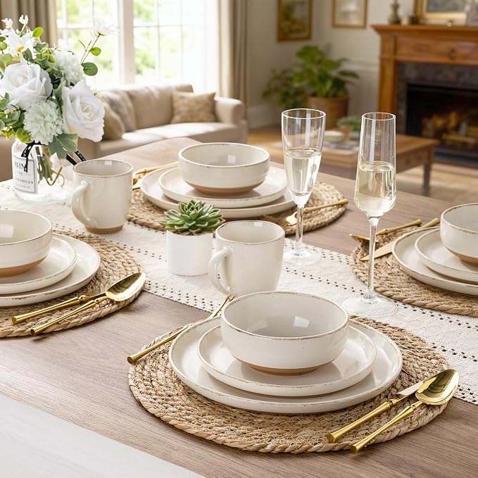 AmorArc 24 Pieces Ceramic Dinnerware Sets for 8, Handpainted Stoneware Plates and Bowls Set with Rustic Terracotta Underside, Scratch Resistant Dishes Set, Dishwasher & Microwave Safe