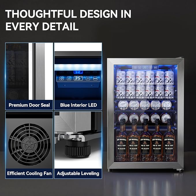 Tehanld 2.5 Cu.Ft Beverage Fridge, Beverage Fridge With Glass Door, Beverage Cooler Refrigerator, Wine Drink Beer Cooler, Adjustable Shelves & Digital Temperature Display, 22 Bottle 96 Can