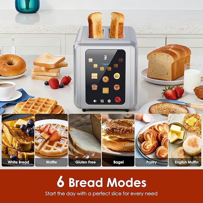 WHALL Full Touch Screen Toaster 2 Slice, 1.5'' Wide Slot Stainless Steel Toaster with Digital Timer, 6 Bread Types & 6 Shade Settings, Crumb Tray, Reheat/Defrost, Smart Toasters for Bagels, Silver