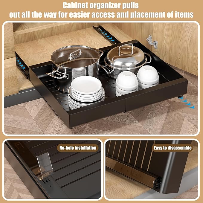 Pull Out Cabinet Organizer, Width Expandable (11.7"-19.7") Heavy Duty Slide Out Drawers Fixed with Adhesive Nano Film for Pots, Roll Out Shelf Storage For Kitchen,Pantry,Garage,Bathroom Storage