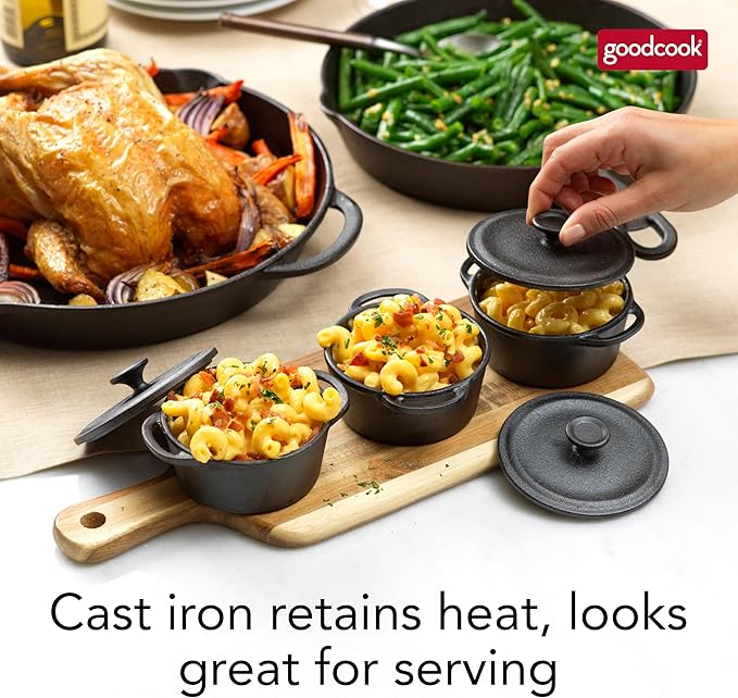 GoodCook Mini Dutch Oven with Lid, Pre-Seasoned Cast Iron Personal-Sized Pot for Stews Soups and Individual Desserts, Oven Safe to 500°F, 0.25-Quart, Black