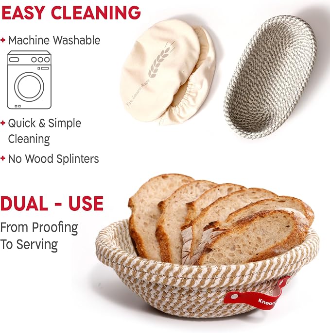 KneadAce Sourdough Starter Kit – 34oz Starter Jar, 2 Cotton Rope Banneton Proofing Baskets, Magnetic Bread Lame for Scoring – Gift for Bakers & Complete Sourdough Bread Baking Set