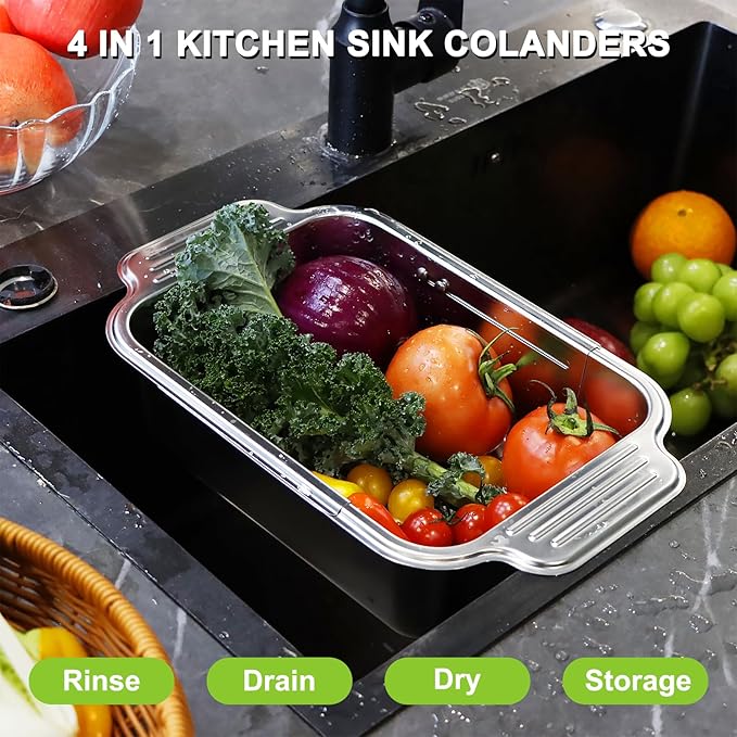 4 In 1 Collapsible Colander Strainer, 304 Stainless Steel Expandable Over the Sink Colander, Foldable Large Colanders Basket to Wash Vegetable and Fruits, Drain Cooked Pasta and Dry Dishes