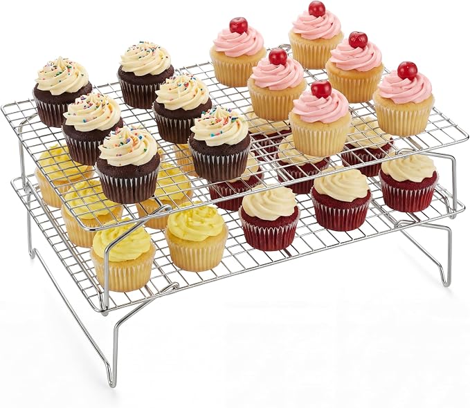 E-far Collapsible Cooling Rack for Cooking and Baking - 15”x10” Stackable Tight-Wire Stainless Steel Cookie Rack for Baking Sheet, Oven, Roasting, Dishwasher Safe & Space Saving, 2-Tier