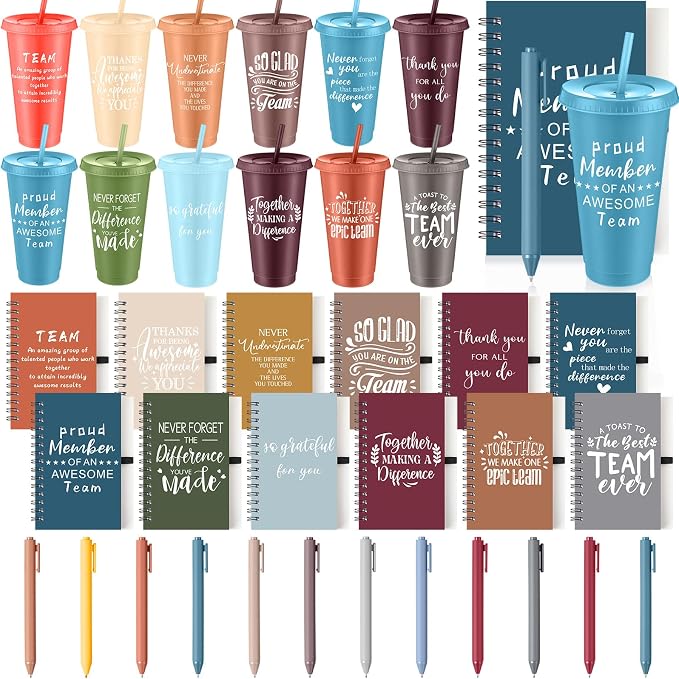 Shellwei 36 Pcs Employee Appreciation Gifts Bulk 24 oz Thank You Tumbler with Lid and Straw Mini Spiral Notebooks and Pens Appreciation Gifts for Team Employee Coworkers Teacher (So Glad)