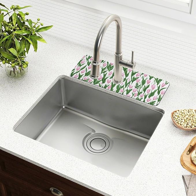 Kitchen Sink Splash Guard 2 PCS 14.7 Inch Sink Faucet Mat Splash Guard for Bathroom Countertop Water Absorbent Foldable Cuttable Soft Washable Small Tulips Pink